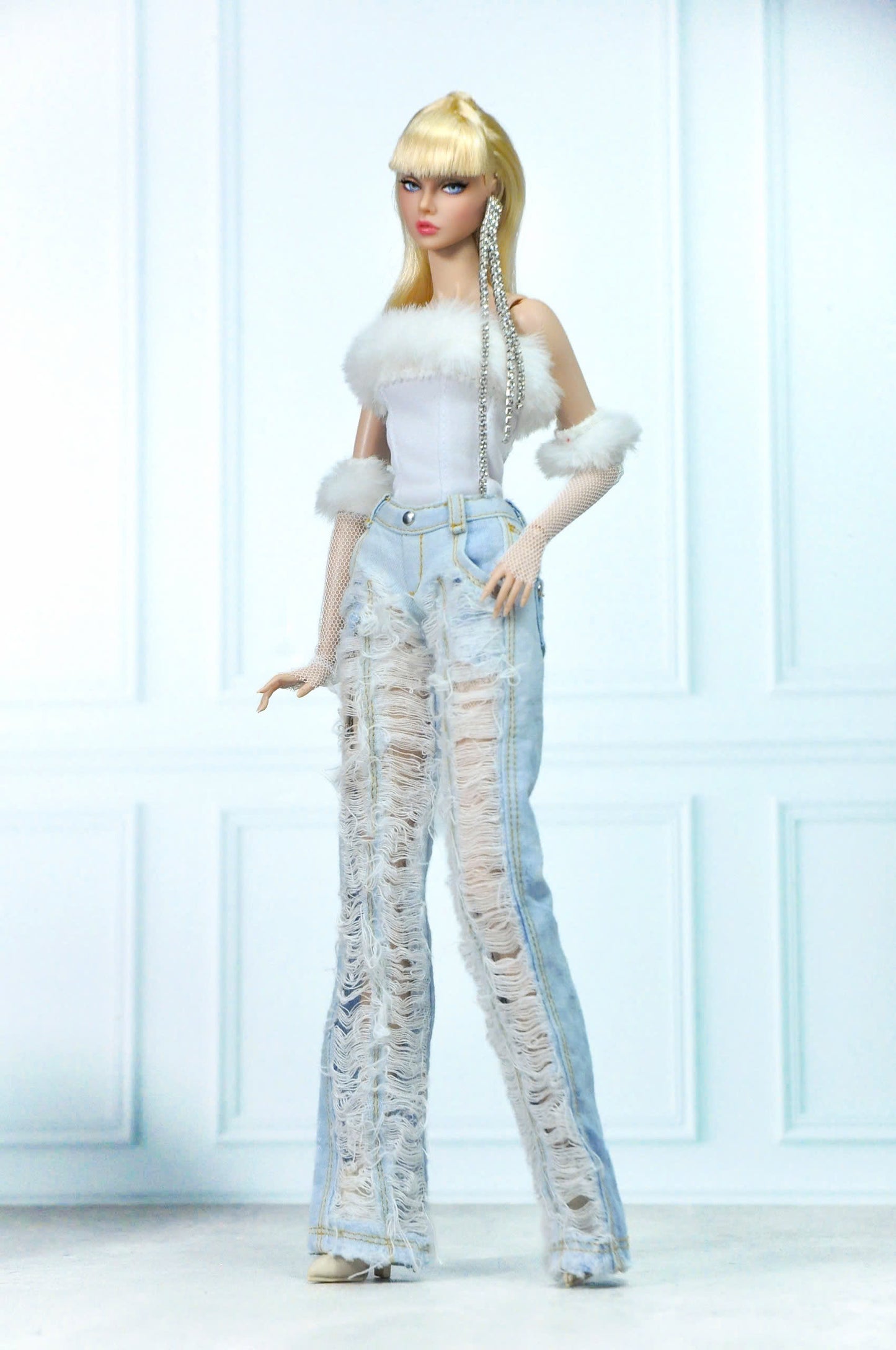 STYLE LAB | Fur trim bustier with fingerless gloves and distressed jeans for Fashion Royalty FR 6.0 & NU FACE doll