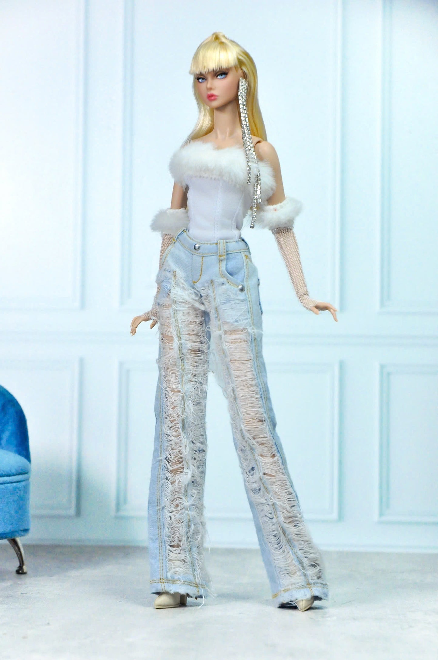 STYLE LAB | Fur trim bustier with fingerless gloves and distressed jeans for Fashion Royalty FR 6.0 & NU FACE doll