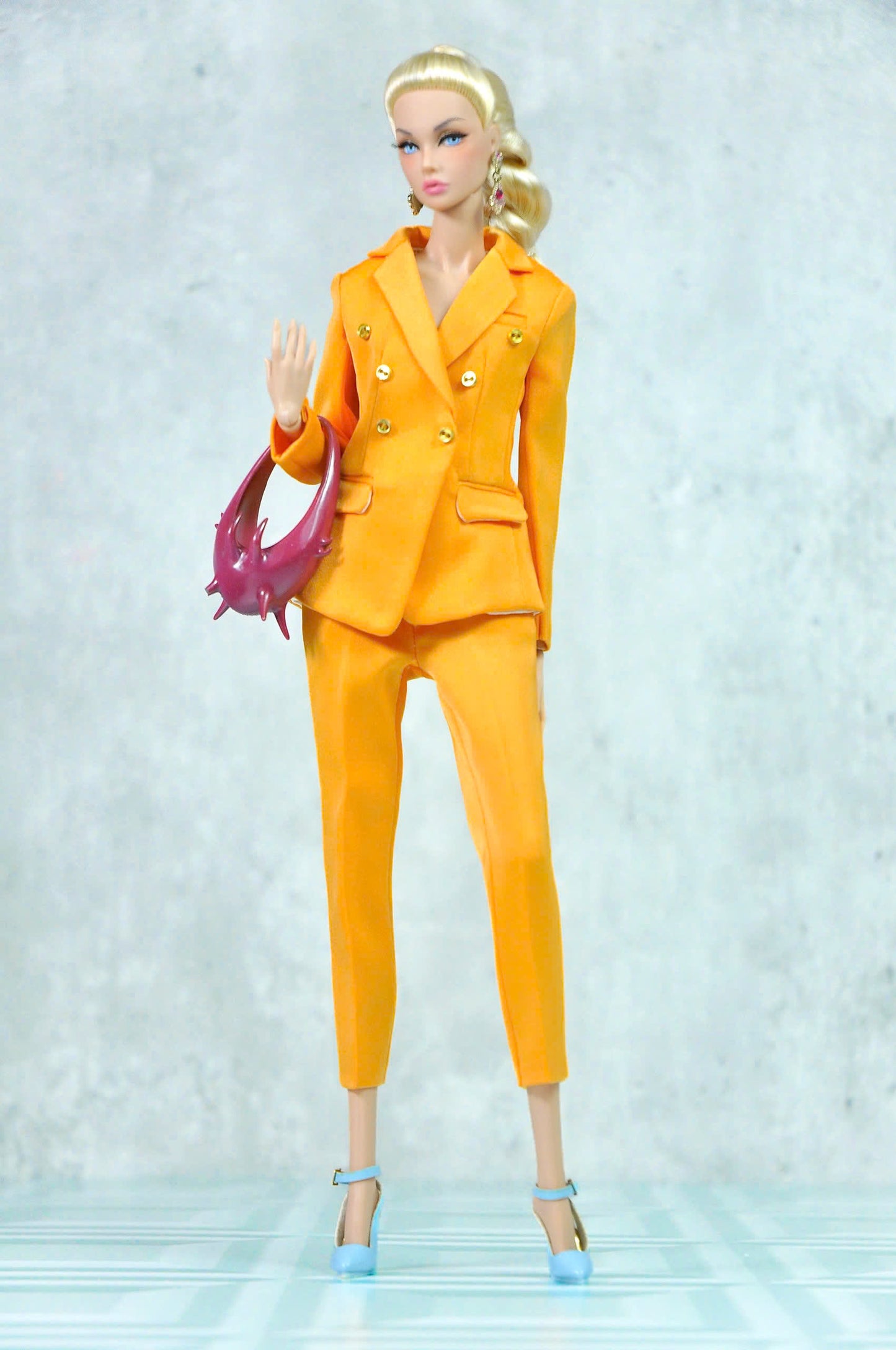 STYLE LAB | Silk Burnt-orange suit for Fashion Royalty FR 6.0 & NU FACE doll (Fur coat optional)