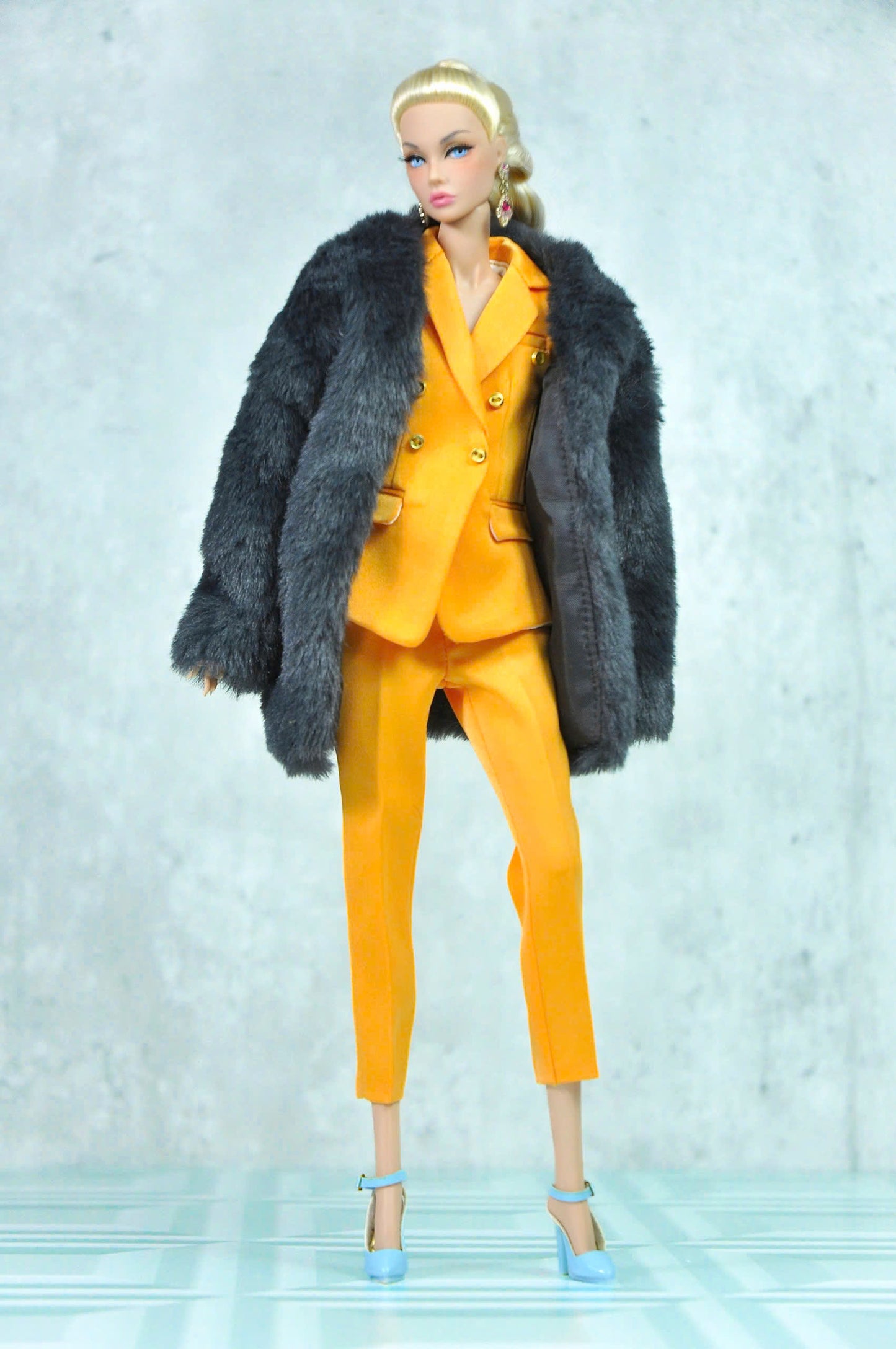 STYLE LAB | Silk Burnt-orange suit for Fashion Royalty FR 6.0 & NU FACE doll (Fur coat optional)