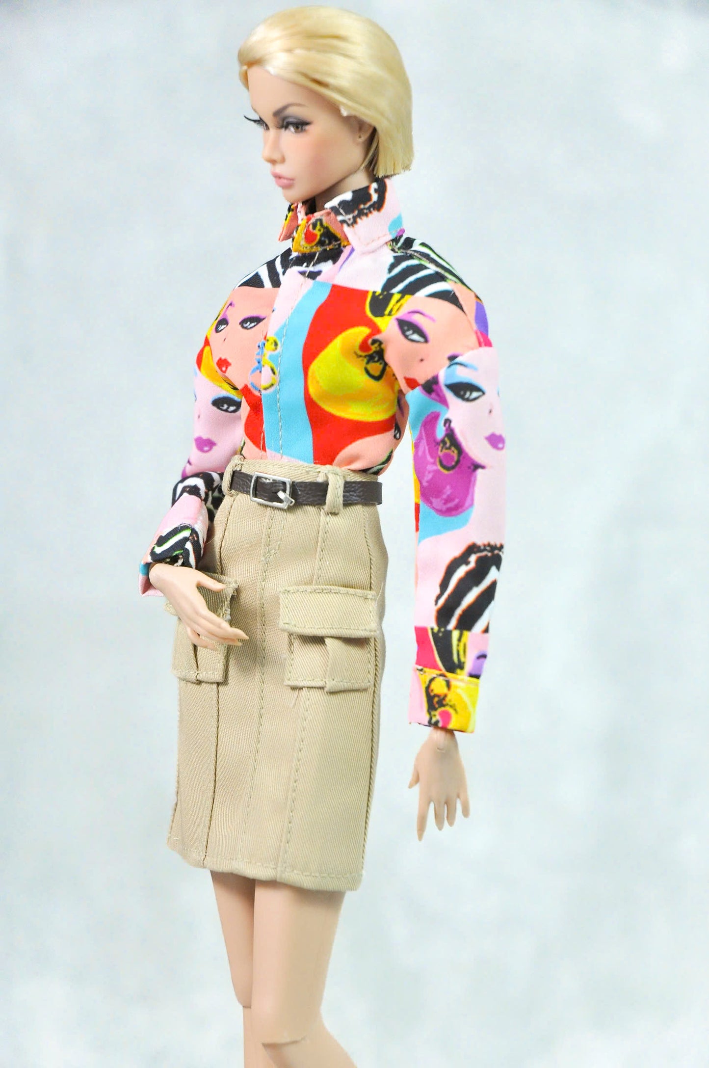 STYLE LAB | Short fur coat with multi color top and khaki skirt for Fashion Royalty FR 6.0 & NU FACE Doll