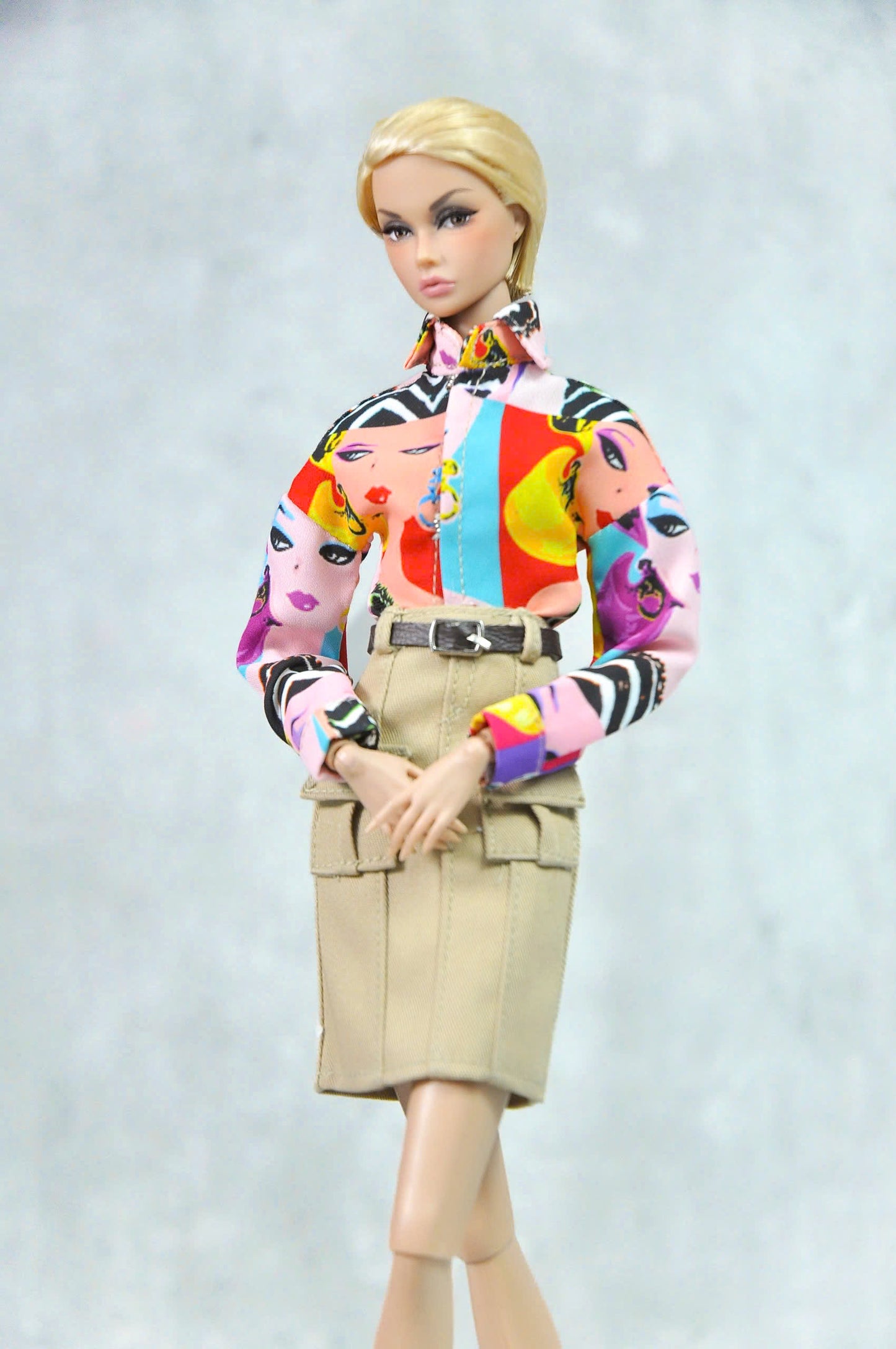 STYLE LAB | Short fur coat with multi color top and khaki skirt for Fashion Royalty FR 6.0 & NU FACE Doll