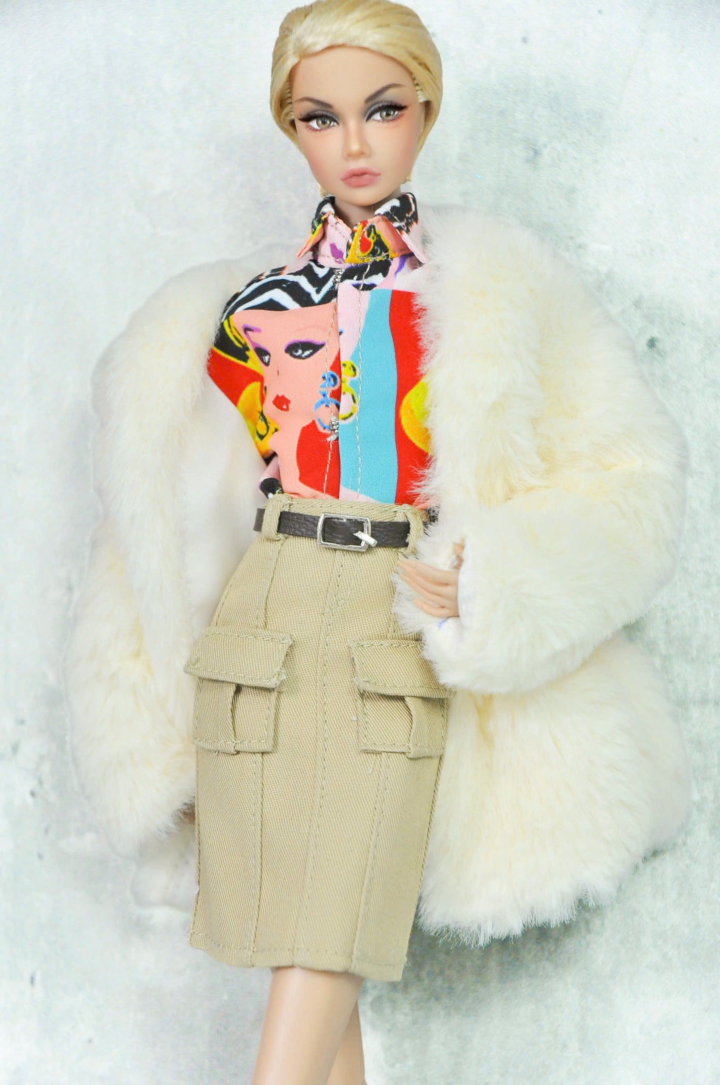 STYLE LAB | Short fur coat with multi color top and khaki skirt for Fashion Royalty FR 6.0 & NU FACE Doll