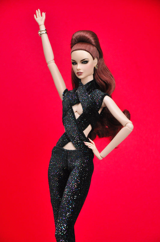 70'S A GO GO - Disco sparkling jumpsuit for Fashion Royalty & 12" fashion doll ( NO FUR BOA INCLUDED)