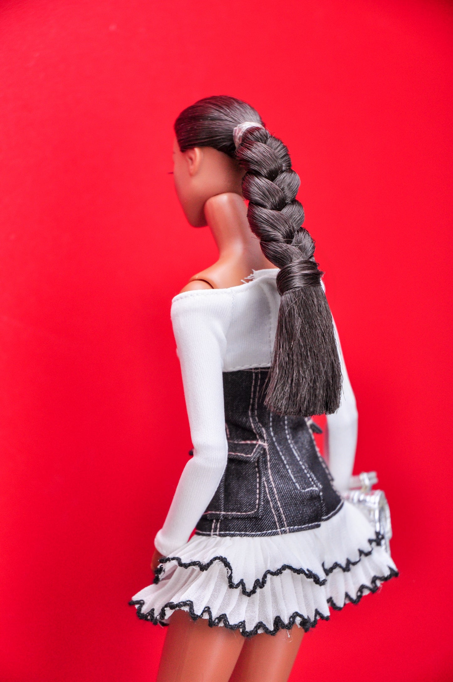 A Lady | Jersey raglan off shoulder dress with denim bodice and ruffle at hem for Fashion Royalty doll