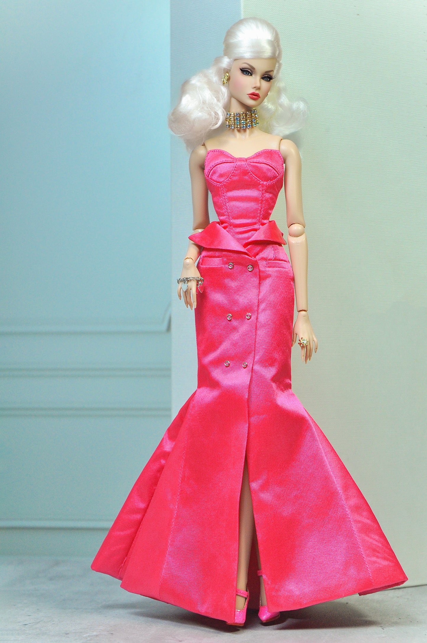 HAUTE | Tuxedo skirt with bustier dress in pink for Fashion Royalty & NU FACE doll