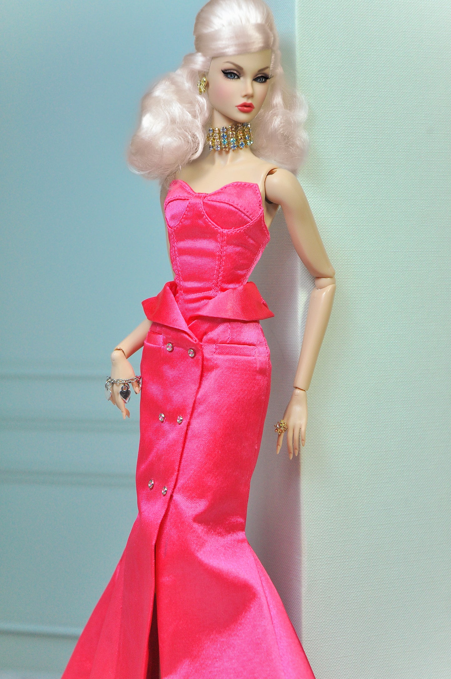 HAUTE | Tuxedo skirt with bustier dress in pink for Fashion Royalty & NU FACE doll