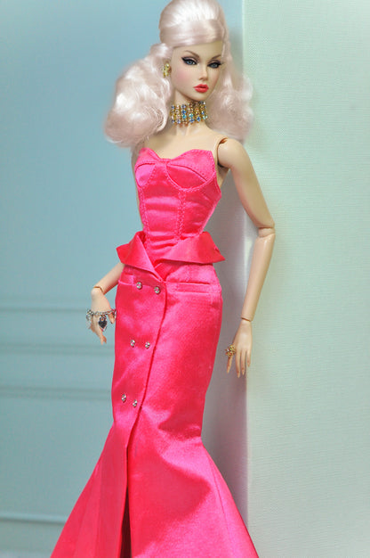 HAUTE | Tuxedo skirt with bustier dress in pink for Fashion Royalty & NU FACE doll