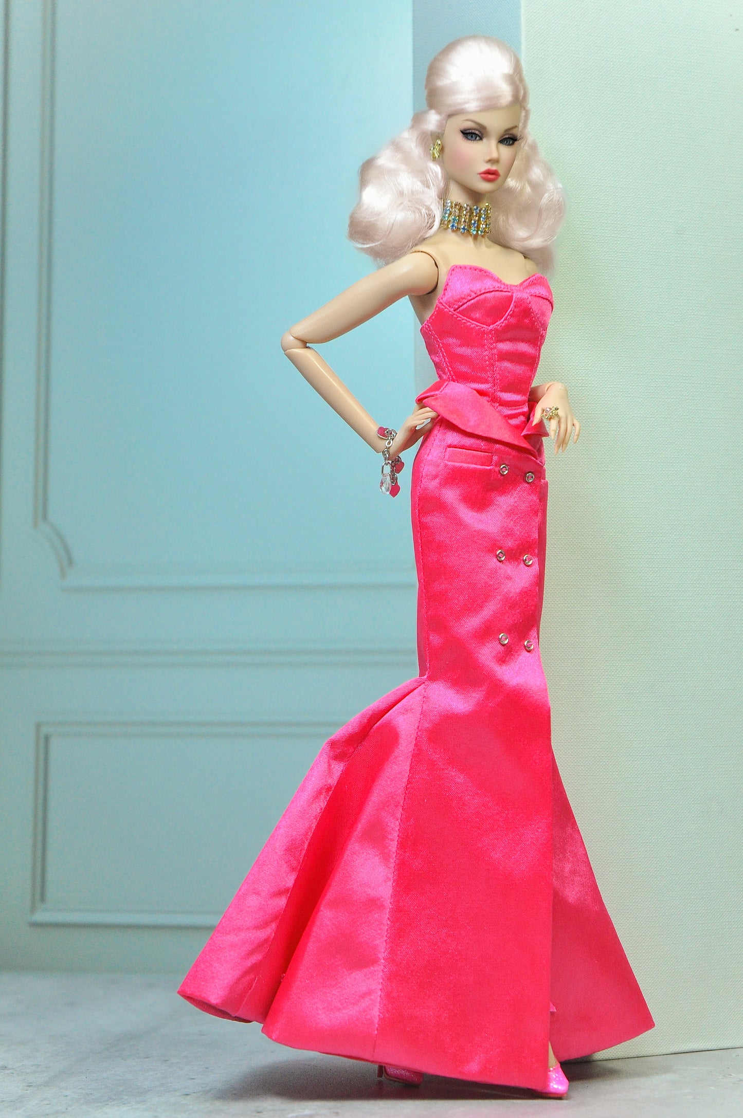 HAUTE | Tuxedo skirt with bustier dress in pink for Fashion Royalty & NU FACE doll