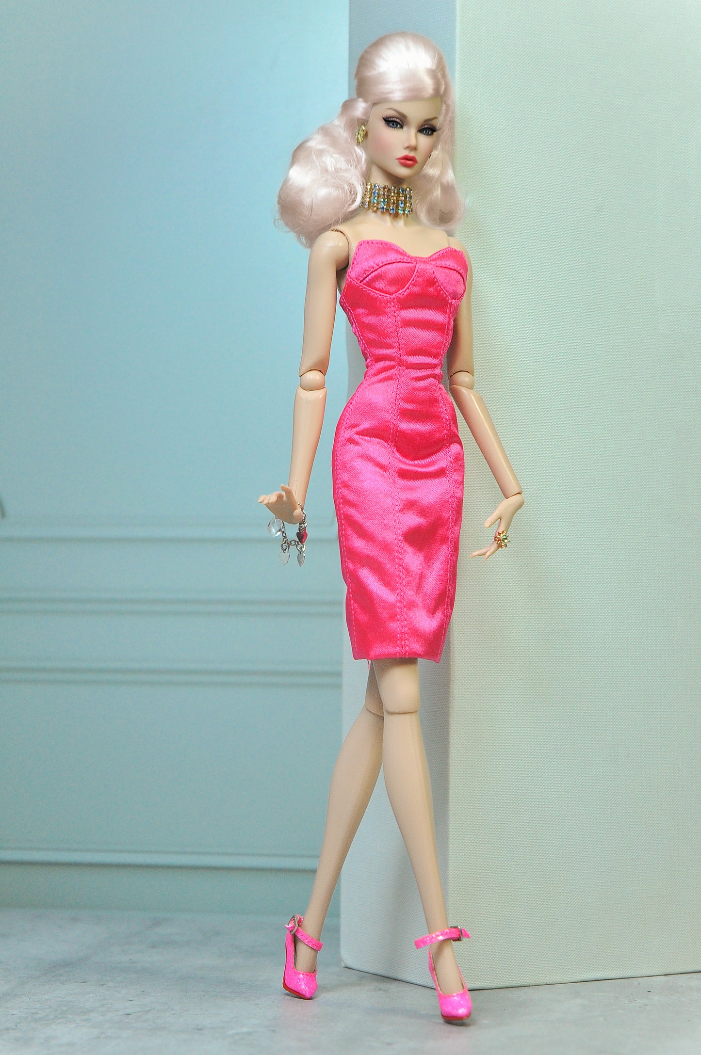 HAUTE | Tuxedo skirt with bustier dress in pink for Fashion Royalty & NU FACE doll