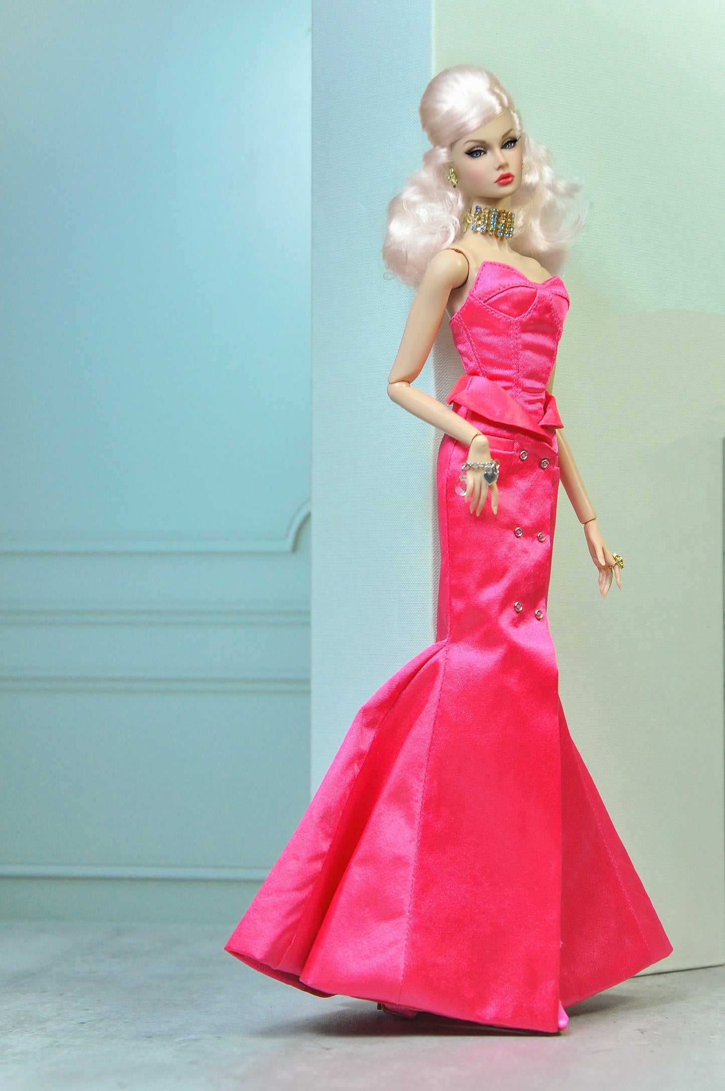 HAUTE | Tuxedo skirt with bustier dress in pink for Fashion Royalty & NU FACE doll