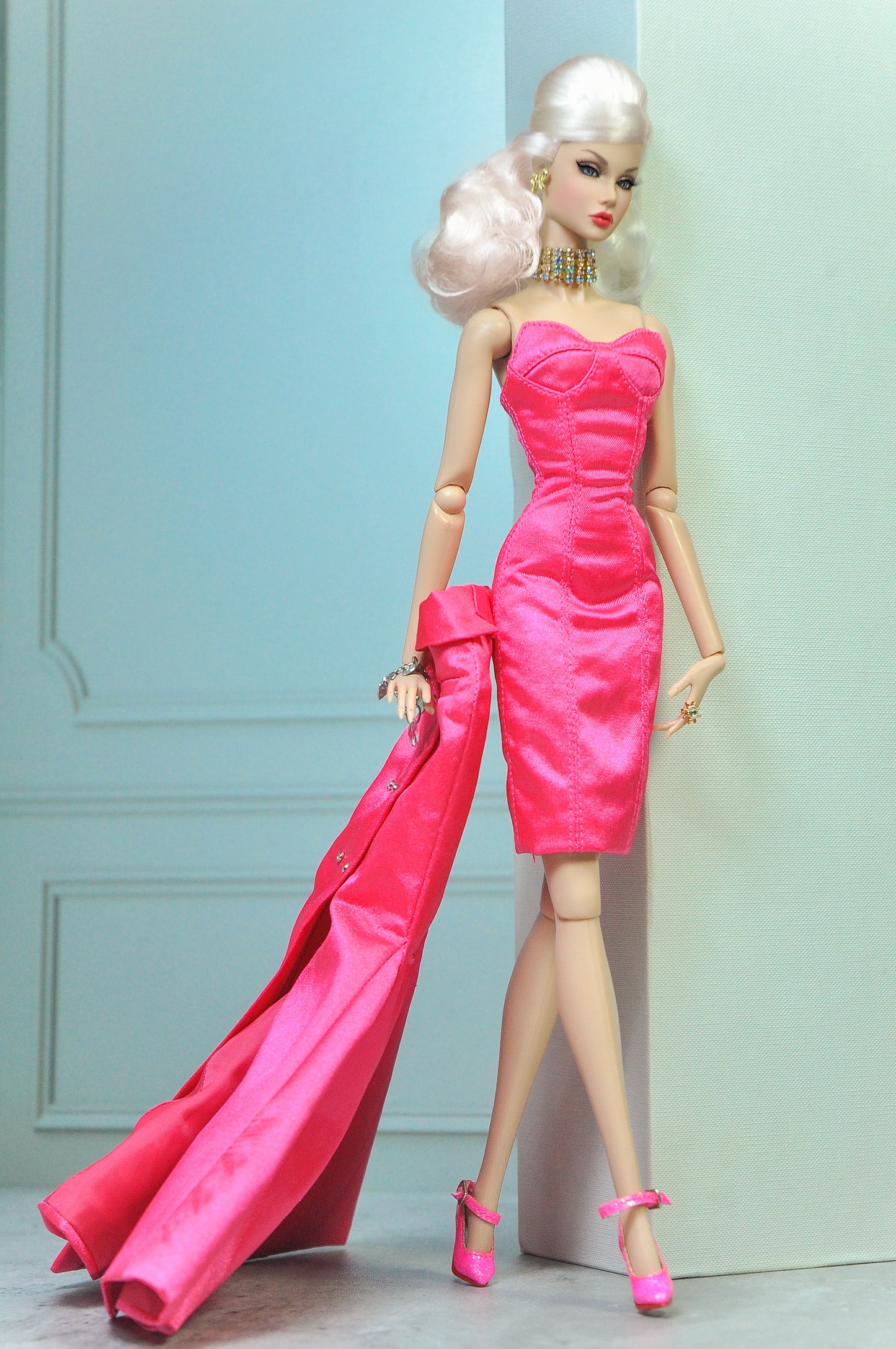 HAUTE | Tuxedo skirt with bustier dress in pink for Fashion Royalty & NU FACE doll