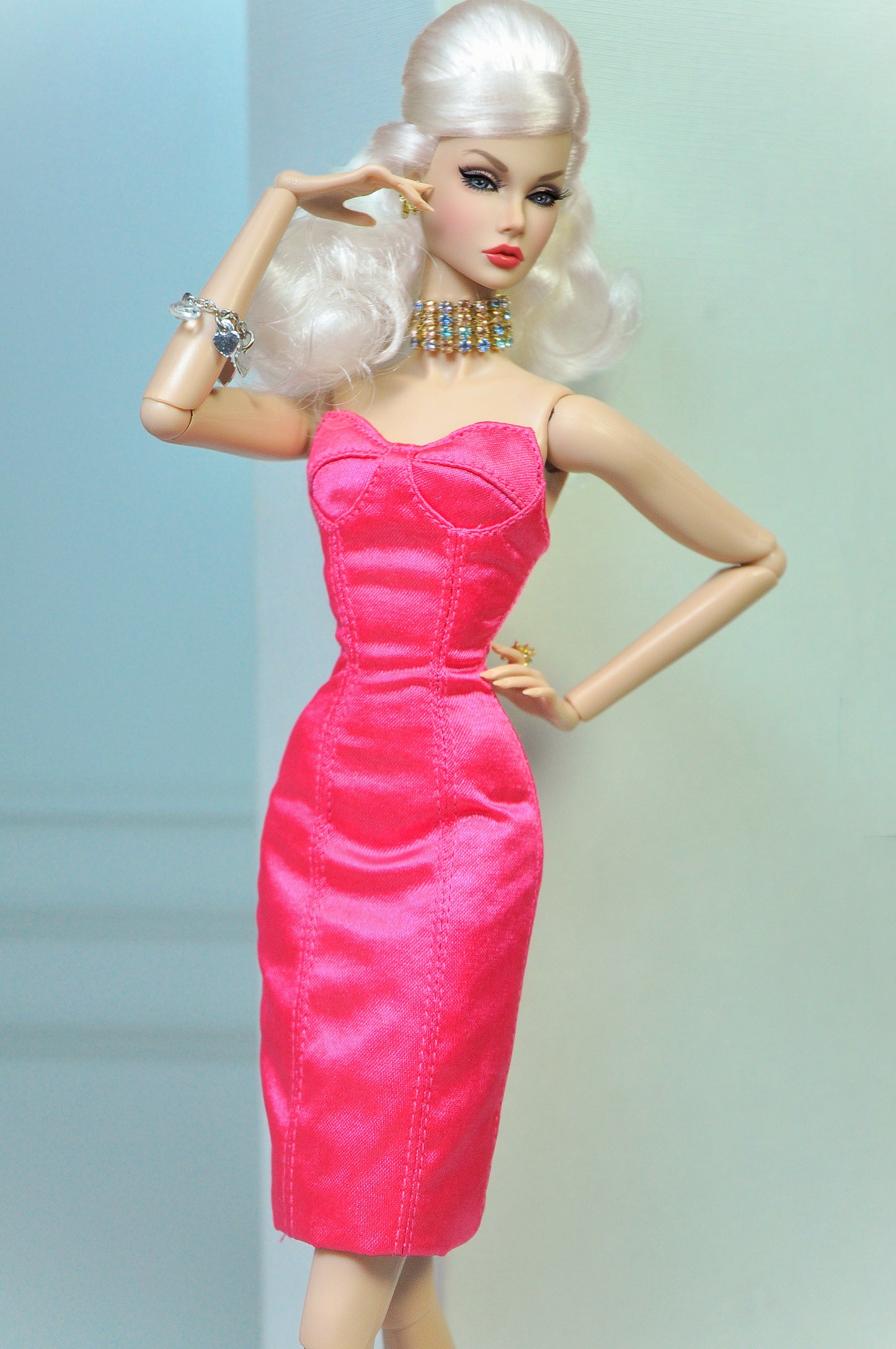 HAUTE | Tuxedo skirt with bustier dress in pink for Fashion Royalty & NU FACE doll