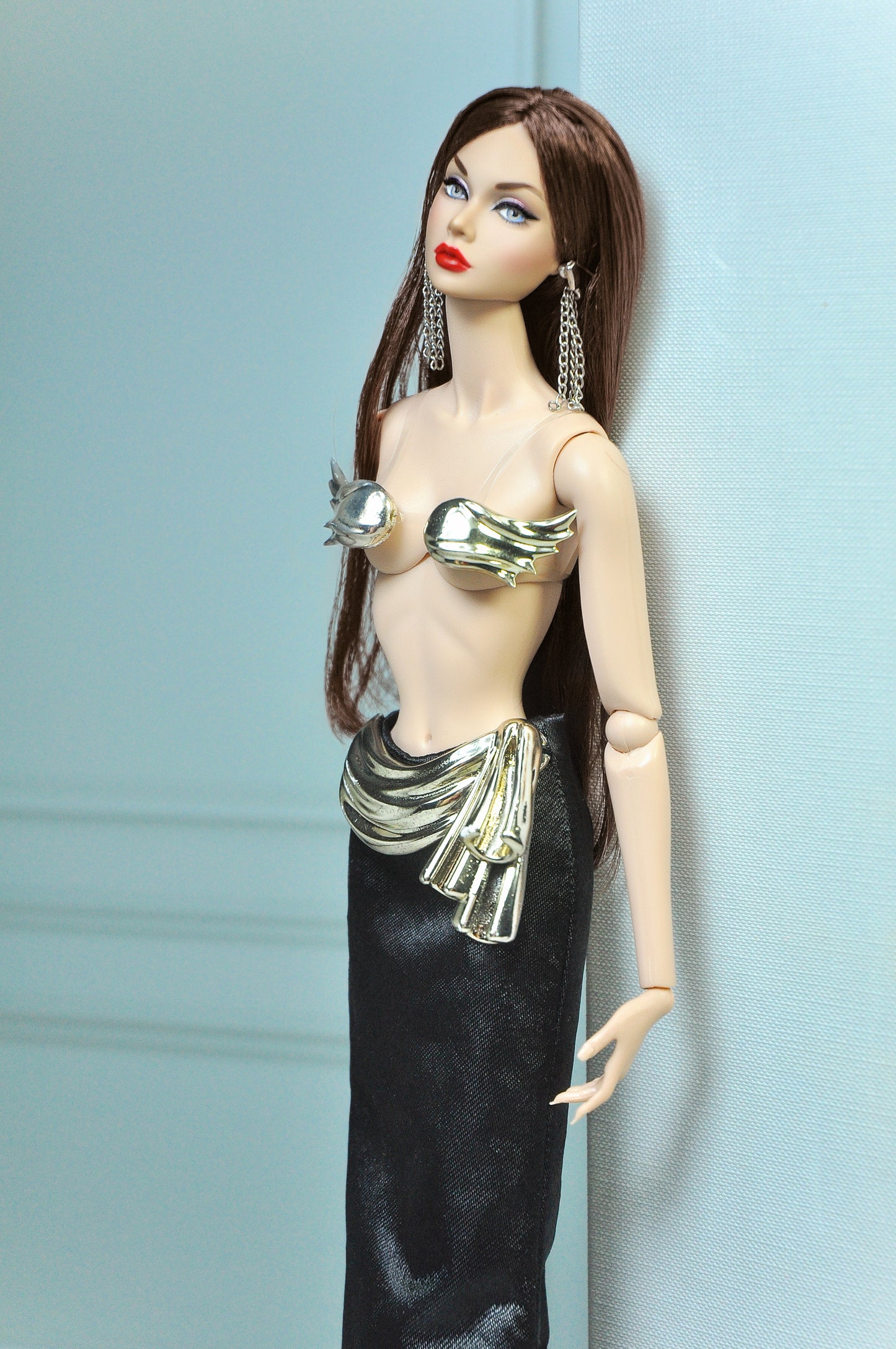 Y2K | 3D Printed Bra with Greek-inspired Belt and Black skirt for Fashion Royalty & NU Face doll