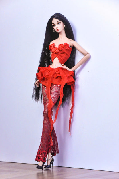 STYLE LAB | BASIC - VALENTINE | Look 4 - Y2K red lace outfit with matching top for Fashion Royalty & NU Face doll