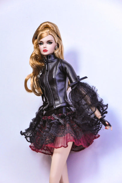 STYLE LAB | BASIC - VALENTINE | Look 3 - Pleather jacket, zipper closure with matching lace & tulle skirt for Fashion Royalty 6.0 & NU FACE doll